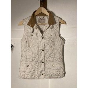 Banana Republic Womens Sz S White Quilted Full Zip Vest Corduroy Collar Pockets